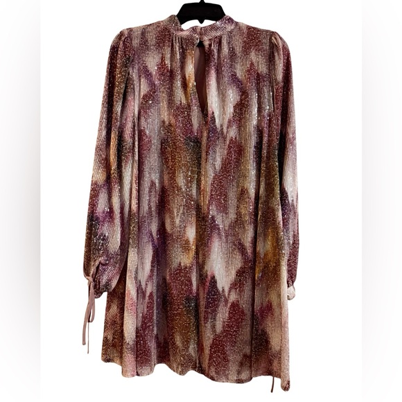 Belle Badgley Mischka Sequin Purple Print Trapeze Dress Long Sleeve Mod S M - Picture 7 of 11